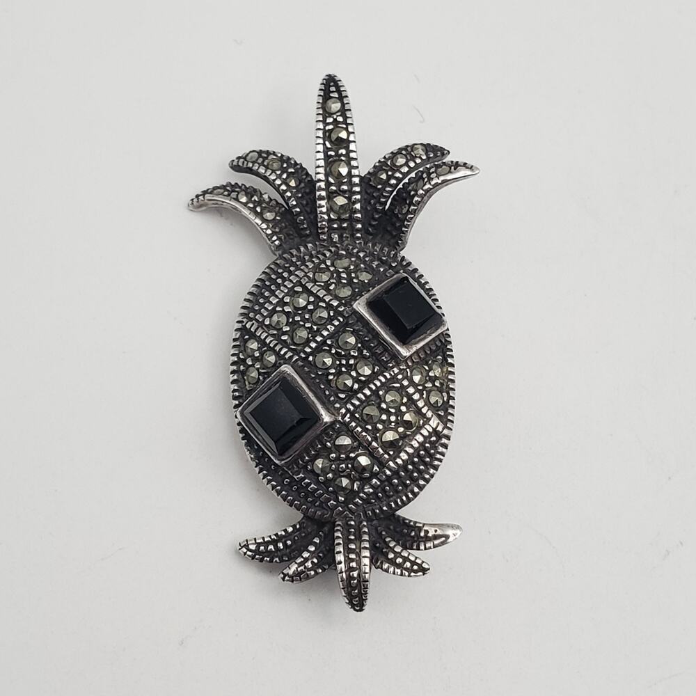 925 Sterling Silver Vintage Black Onyx & Marcasite Pineapple Art-Deco Pin Brooch